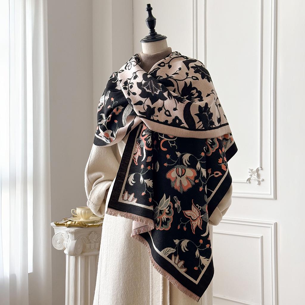 Brand Fashion Winter Cashmere Shawl for Women - Tasseled Vintage Floral Printed Oil Painting Style Pashmina Thick Scarf & Poncho