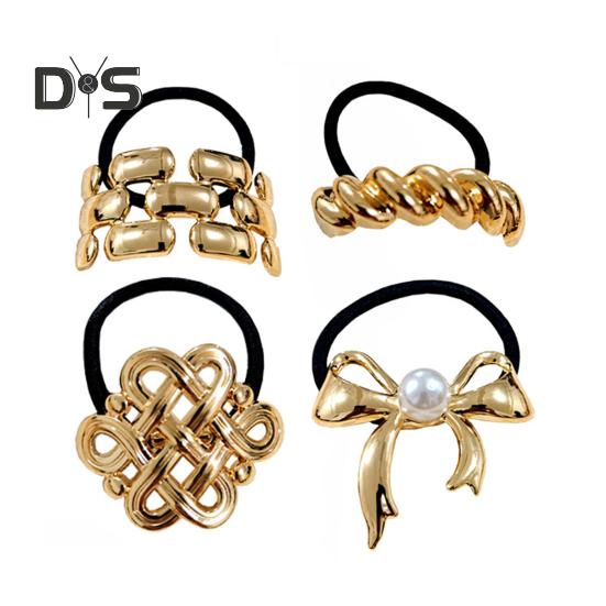 3/4Pcs Hair Rope Golden Metal Decor Hair Tie Cuff High Elasticity Hair Rope Bands Black Hair Accessories Ponytail Holder