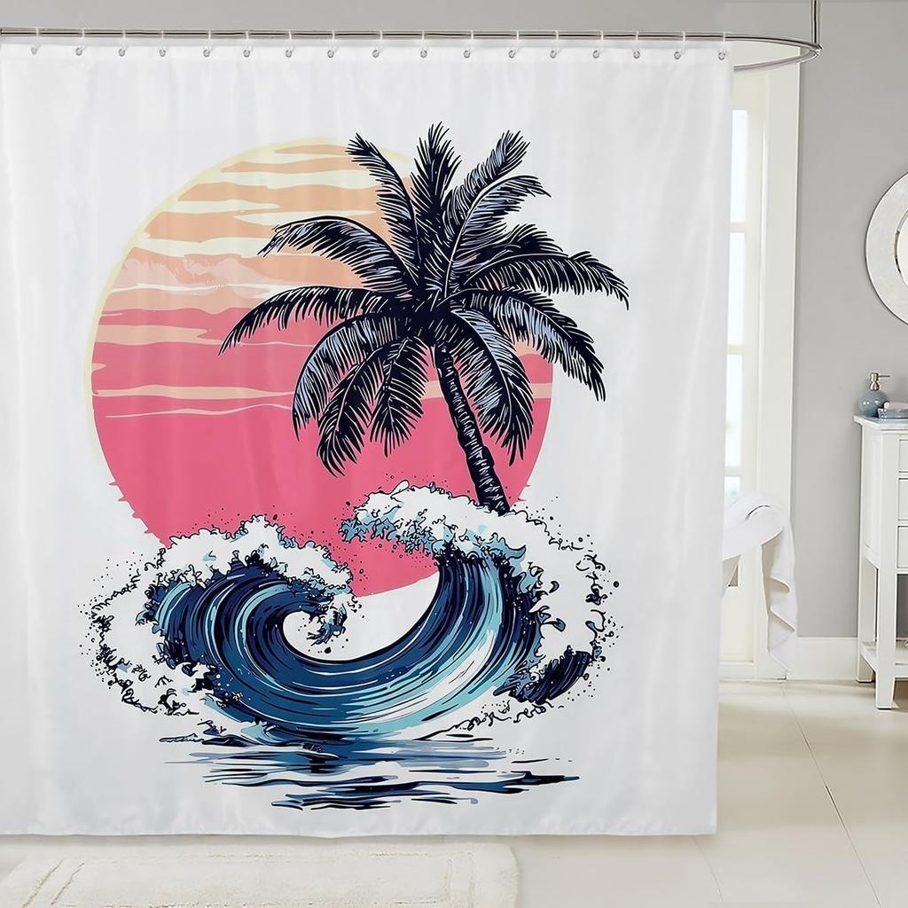 Süßer Hund Duschvorhang Surfing Hund Stoff Duschvorhänge für Badezimmer Sommer Ozean Küste Wasserdichtes Gewebe Kawaii Cartoon