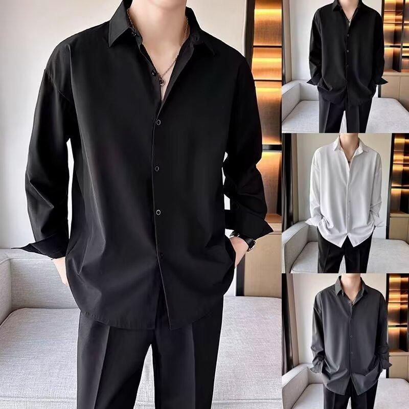 Men's Black Ice Silk Short-Sleeve Shirt, Stylish Summer Casual Loose Fit, Wrinkle-Resistant White Jacket.