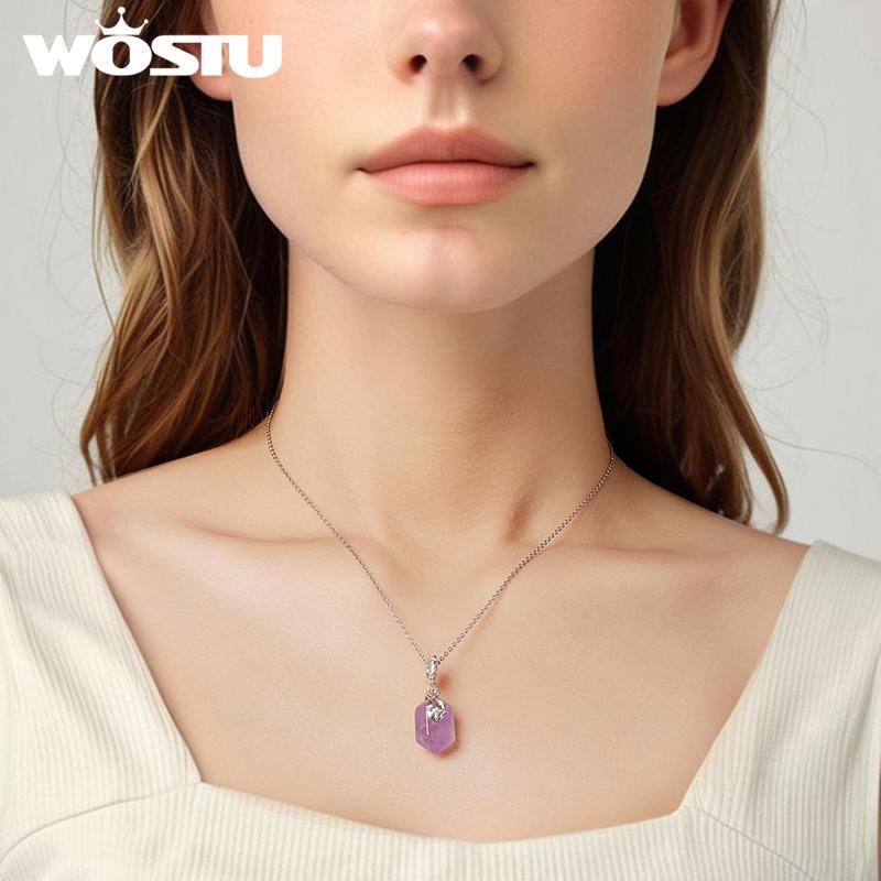 WOSTU 925 Silver Natural Gems Amethyst Energy Pendant Drop Amazonite Charm Clover Tree Evil Eye Bead Fit Bracelet Mom DIY Gift