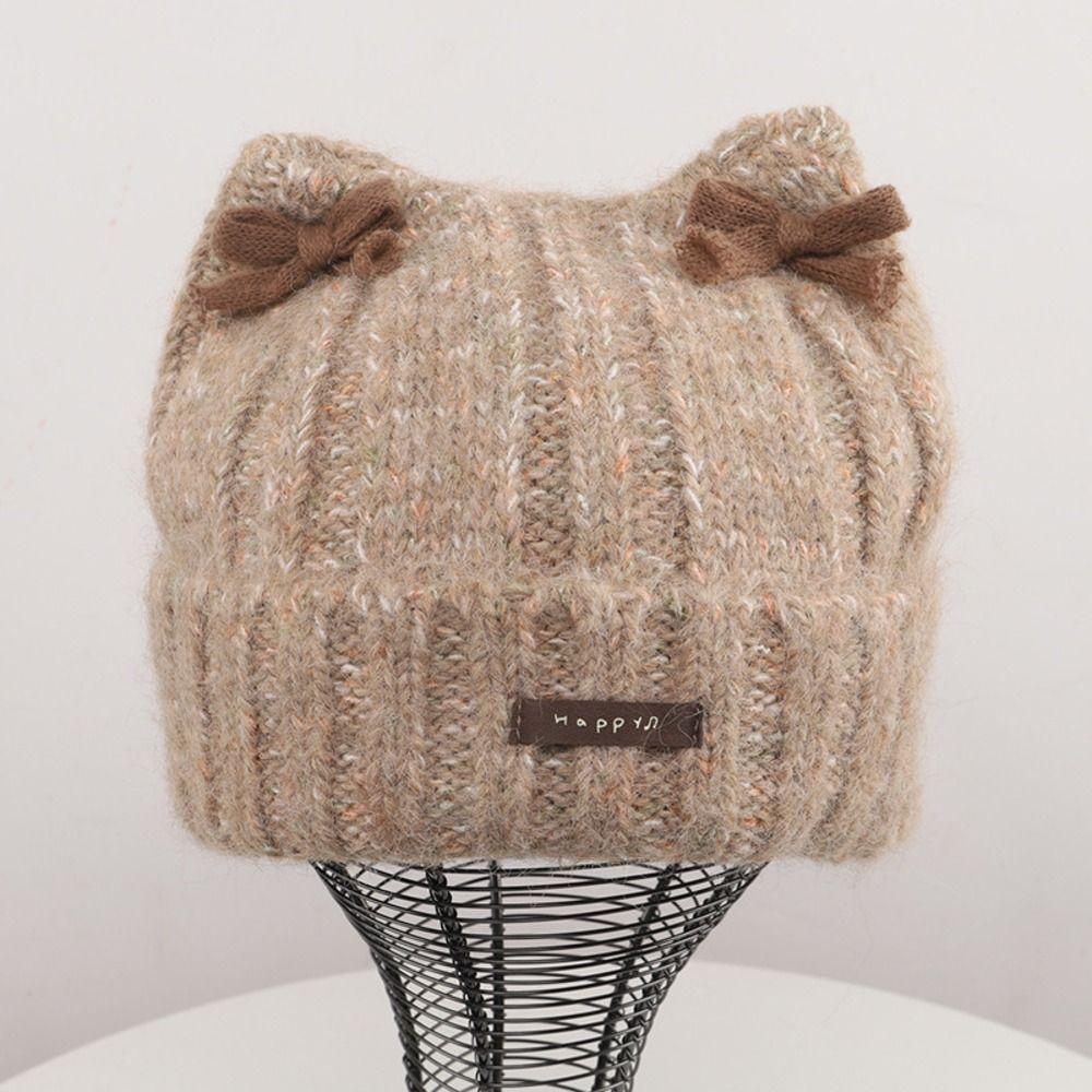 Melange Yarn Double Lace Bows Beanie Cuffed Design Warm Winter Beanie Daily Fashion