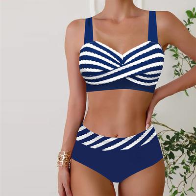 Women's Swimwear Bikini 2 Piece Swimsuit Backless Halter Beach Wear Pink Cross Stripes Print Bathing Suits Hanging Neck Swimsuit
