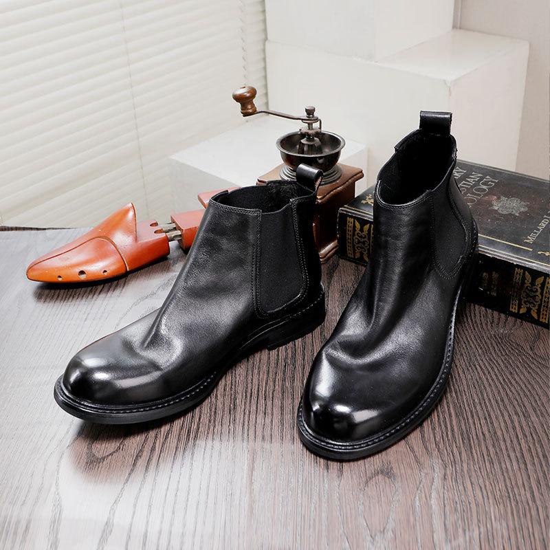 British Style Chelsea Boots Men'S Platform Cowhide Leather Shoes High Top One Pedal Big Head Short Boots Round Head Leather Breathable