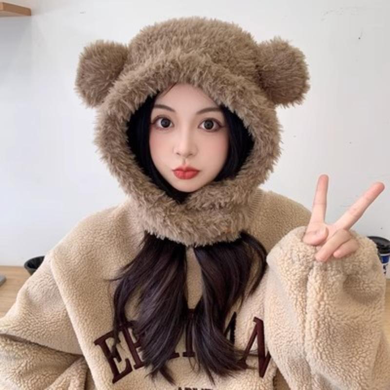 Cute bear ears plush hat scarf integrated women's winter ear protection pullover hat to keep warm and cold