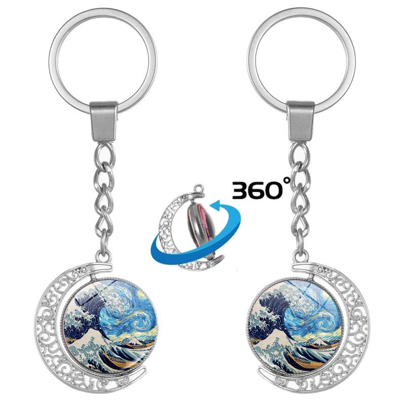 Japanese Wave Ukiyo-e Art Double-Sided Rotating Keychain Pendant