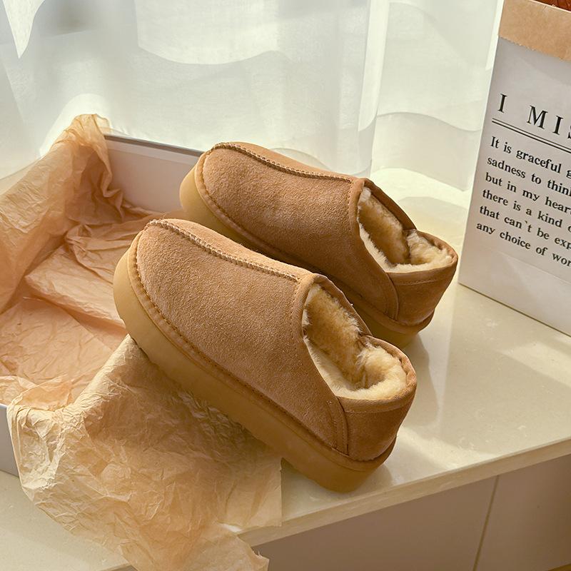 Australian Platform Sheepskin and Wool Integrated Snow Boots Women's Low-top Short Slacker One-foot Slippers Bread Shoes Pure Wool Cotton Shoes