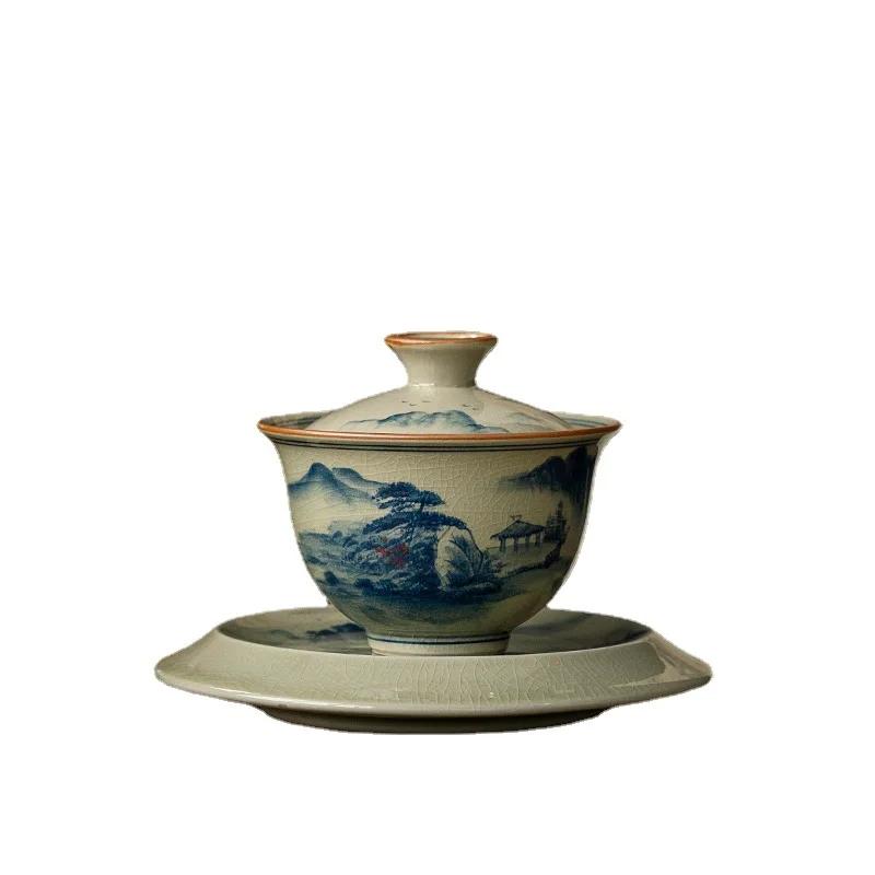 Hand Painted Ceramic Opening Landscape Gaiwan For Tea Tureen Teaware Cup Chinese Tea Bowls Vintage Chawan Tea Ceramony Set