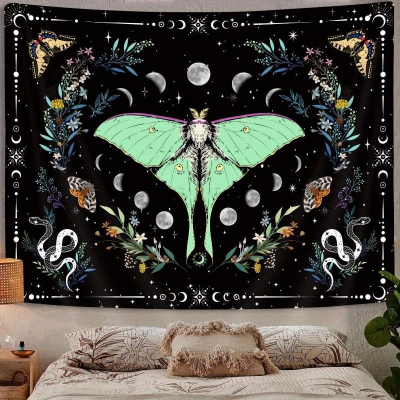 1pc Moon Moth with Phases and Floral Tapestry Mystical Night Sky Wall Hanging Decor for Bohemian Home Mystical Bohemian Decor