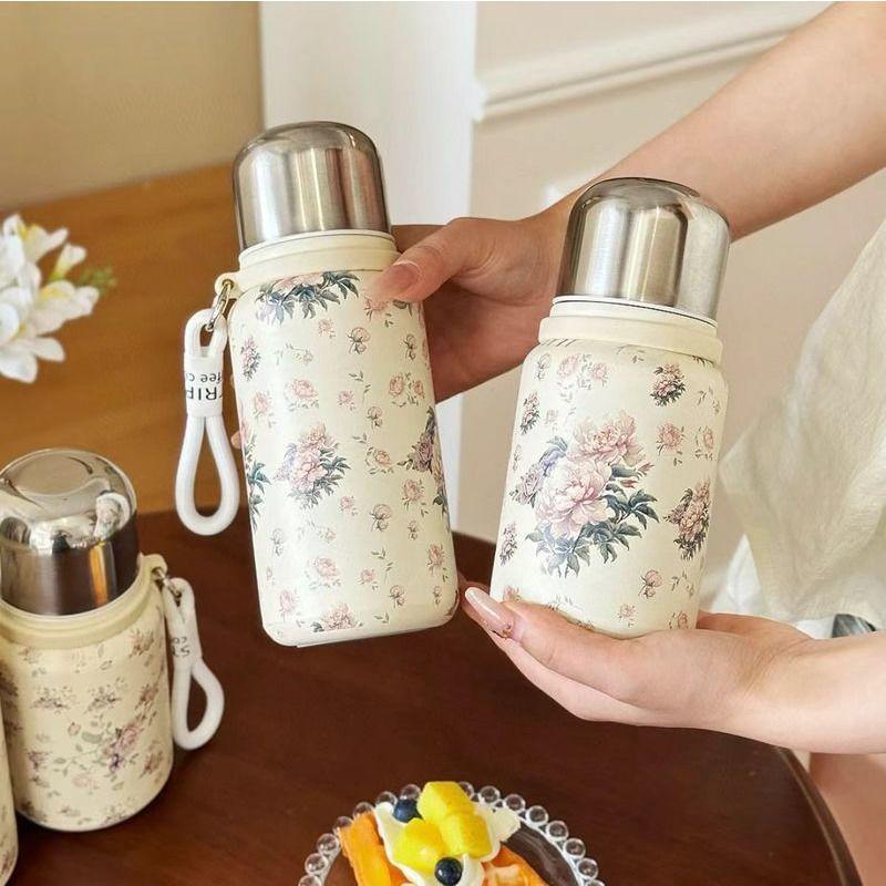 Chinese Style Rose Peony Insulated Cup with Lanyard, Large Capacity, Portable, Tea Separation Feature, Exquisite Stew Pot Design
