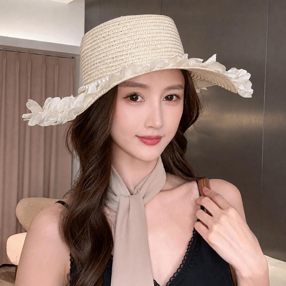 Wide Brim Flat Top Hat Petal Lace Summer Hat New Lace Sun Hat for Beach and Daily Wear