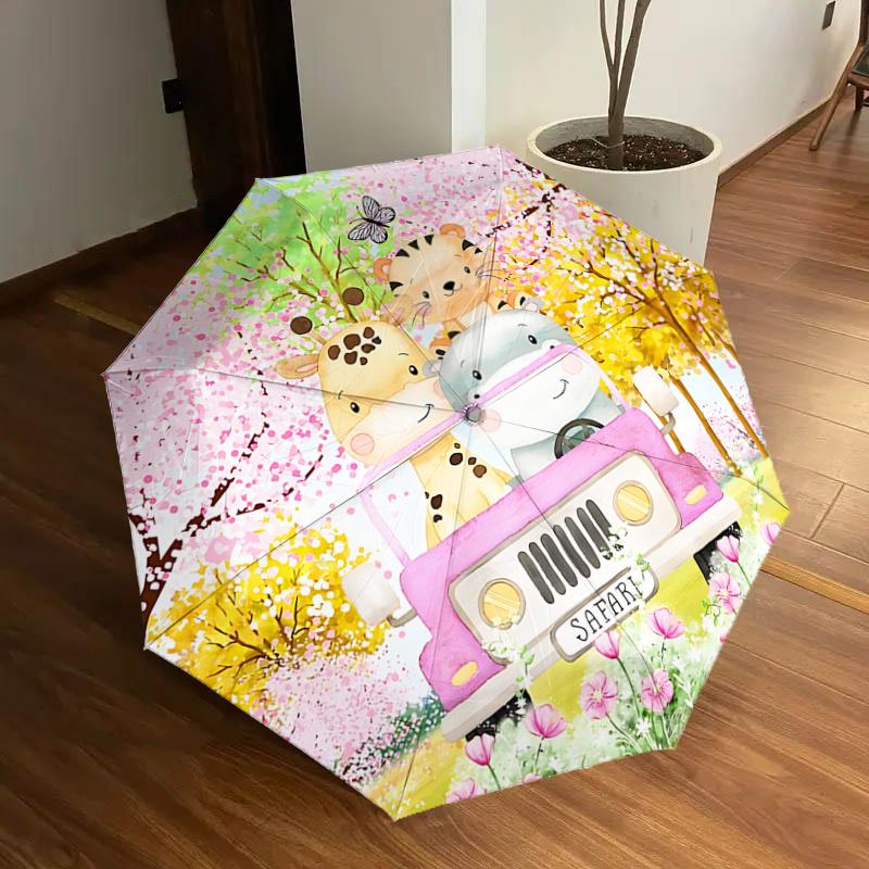 

Safari Adventure: Cute Animal Friends in Pink Car - Automatic Opening Umbrella with Foldable Design, Iron Frame, Outdoor Use, Perfect Gift f