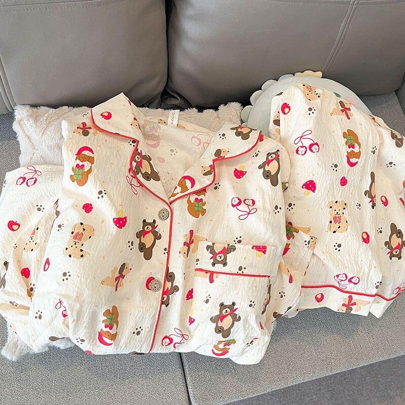 Japanese new cartoon Christmas bear pajamas women s summer short-sleeved cardigan two-piece student loungewear S