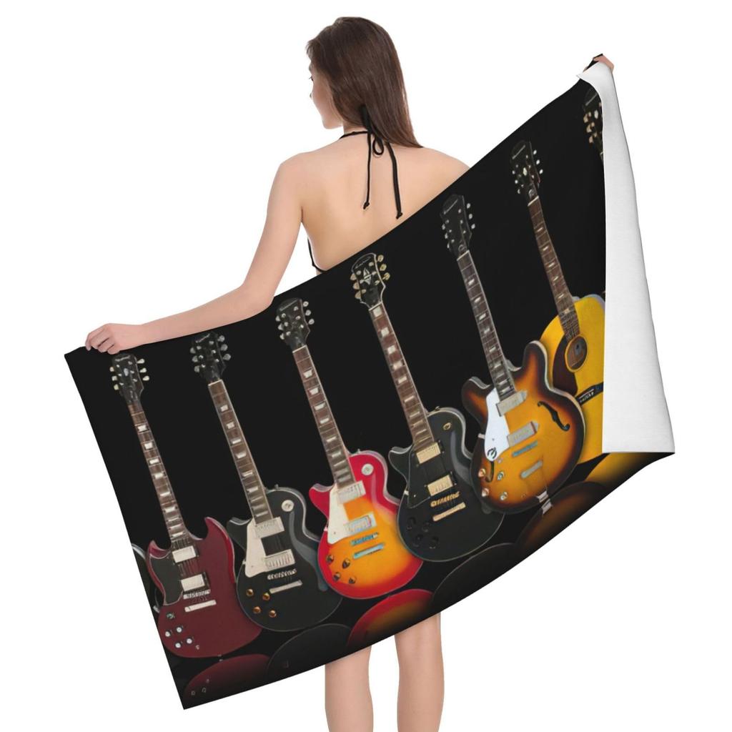 Vintage Guitar Pattern Print Sand Free Beach Towel Quick Dry Absorbent Music Theme Bath Towel for Pool Swimming Bathroom Beach
