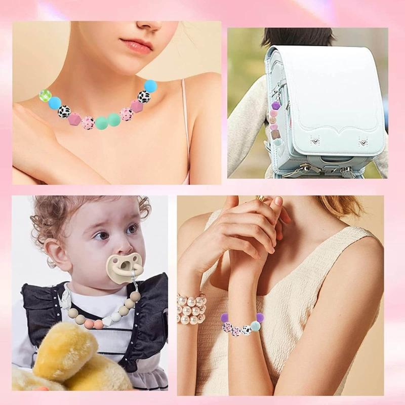 221Pieces Loose Silicone Beads Set Geometric Silicone Beads with 5m Rope for Jewellery Making Necklace Bracelet Crafts