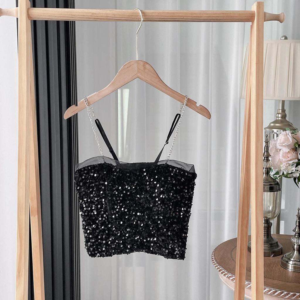Sexy kovové retiazkové tielko Jednofarebné flitrované halterové crop topy Dámske letné tielka Bezchrbtové tielko Módne ležérne rúrkové Dámska bez rukávov skrátená vesta Y2K