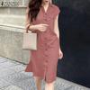 ZANZEA Women Turn Down Collar Solid Color Summer Sleeveless Dress