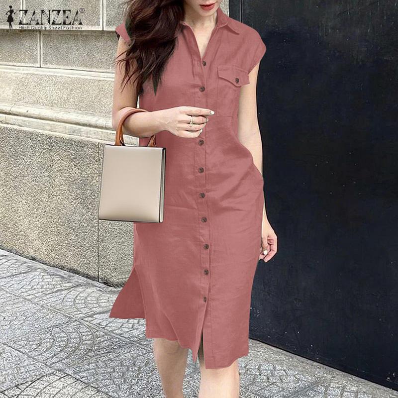 ZANZEA Women Turn Down Collar Solid Color Summer Sleeveless Dress