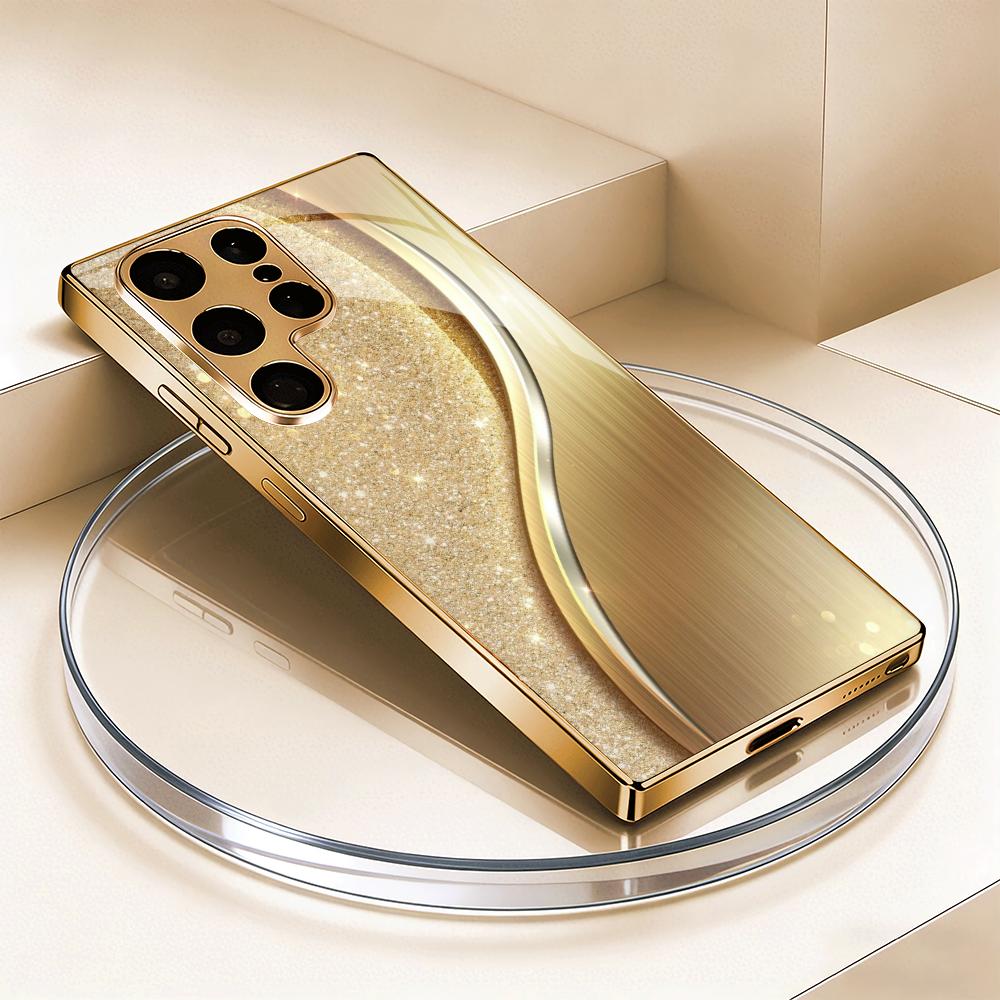 Minimally textured gold plated glass phone case suitable for Samsung Galaxy S26 S25 S24 S23 S22 S21 S20FE/Ultra/Plus5G anti drop