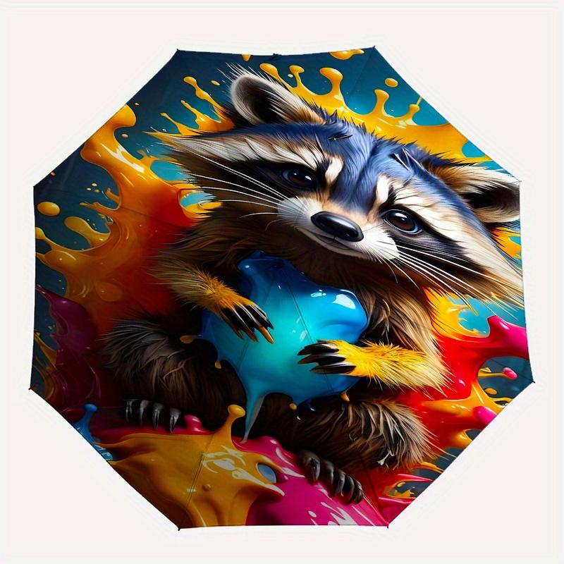 Raccoon Art Theme Automatic Open/Close Umbrella, Portable 3 Fold Compact Umbrella for Men & Women, Valentine's Day Mother's Day Gift0725053