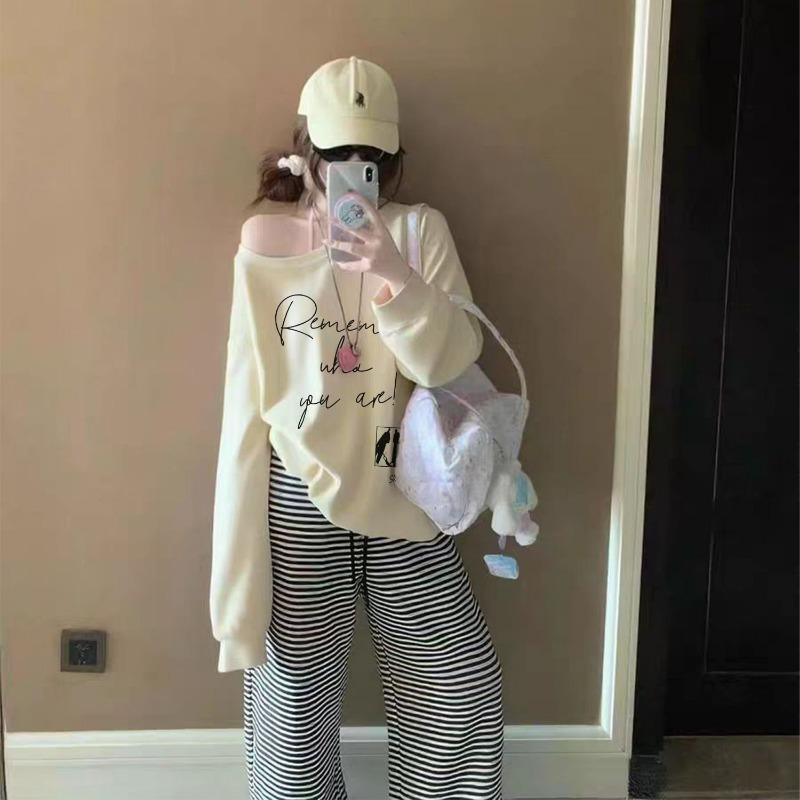 Korean Version of Minimalist Popular Sloping Shoulder Hoodie Women in Spring Autumn Loose Slimming Style Versatile
