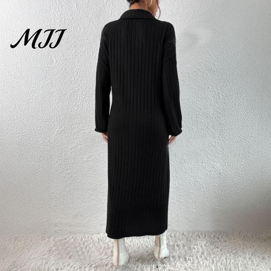 Knit Sweater Dress Women for Fall Winter, Ribbed Long Sleeve with Soft Midi Dresses Side Split, Solid Color Casual Collared V Neck