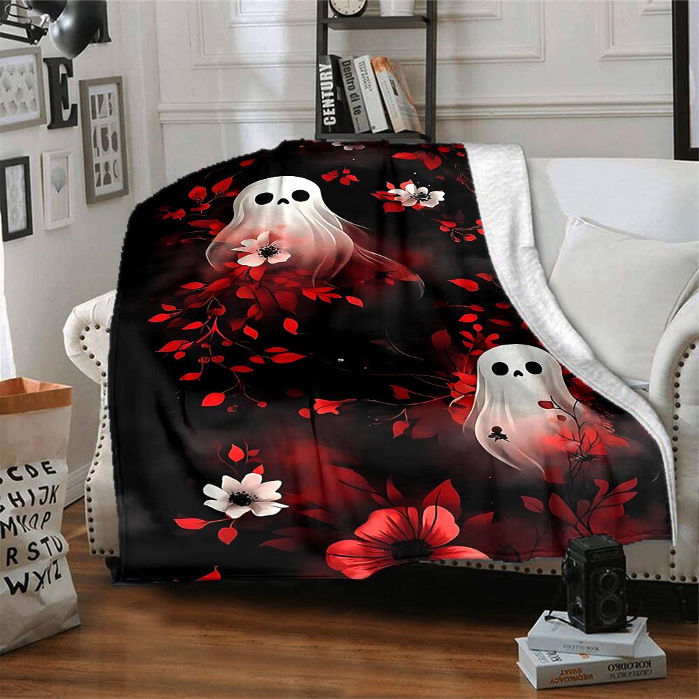 1pc Ghost Floral Blanket, Lightweight Flannel Throw Blanket for Sofa, Bed, Travel, Camping, Living Room, Office, Couch080