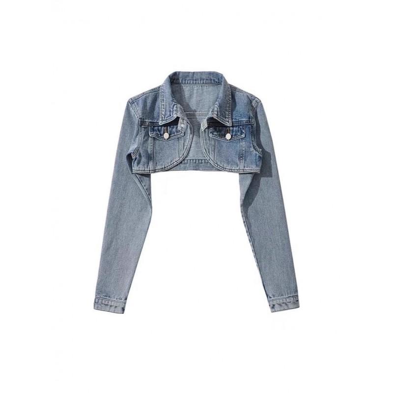 Womens Short Cropped Denim Jacket With Shawl Collar Retro Biker Style High Waist Sexy Fit