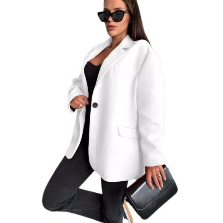 Warm Woolen Loose Casual Long Sleeves Oversized Single Breasted Lapel Collar Women Winter Jacket Solid Color Top Coat Autumn