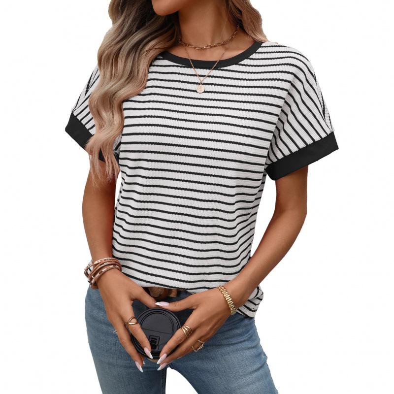 2026 Summer New Women's Casual Round Neck Patchwork Short Sleeve Striped T-Shirt