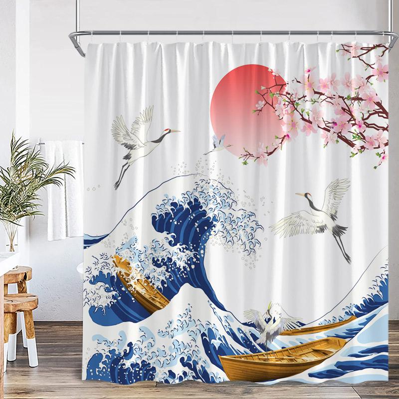 Japanese Style Shower Curtain Pink Cherry Blossom Floral White Crane Mountain Koi Carp Ink Scenery Modern Bathroom Curtain Decor