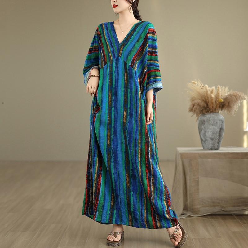 Sukienka bawełniana z długim rękawem plus size w stylu vintage w paski, nowość, sukienki dla kobiet, casualowa, luźna, maxi, sukienka wiosenna jesienna