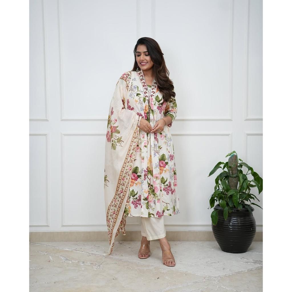 Pure Cotton Aline Kurti Salwar Kameez Women Designer Kurta Pant Dupatta Set