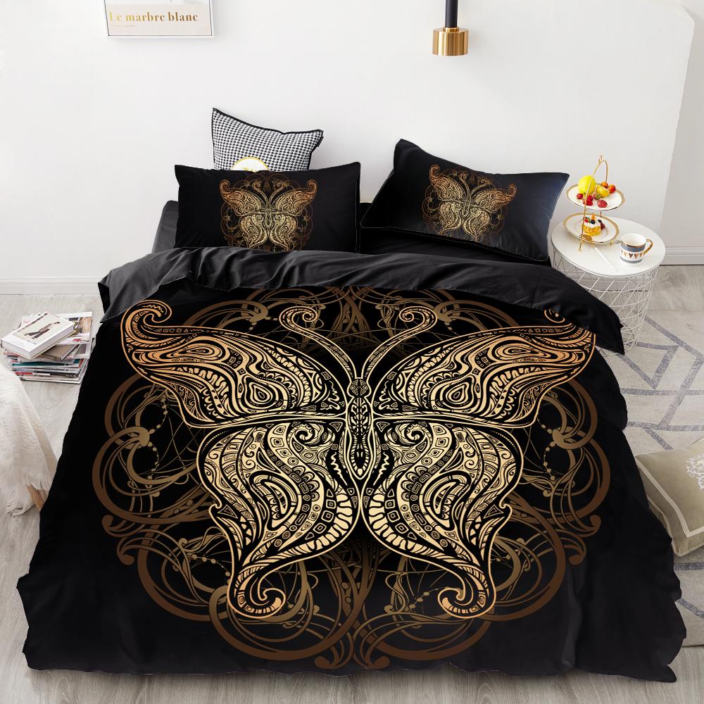 3D HD Digital Printing Bedding Set,Black Duvet Cover Set Queen Cal King,Bedclothes Golden Dragonfly Drop Shipping