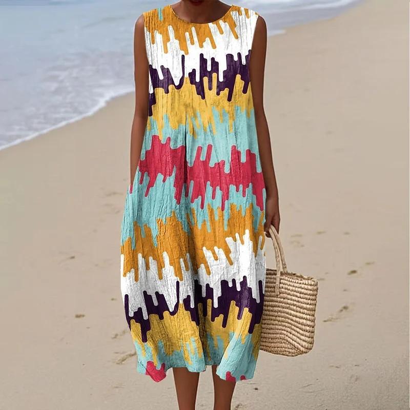 Sleeveless dress new pleated large version loose casual round neck D printing source