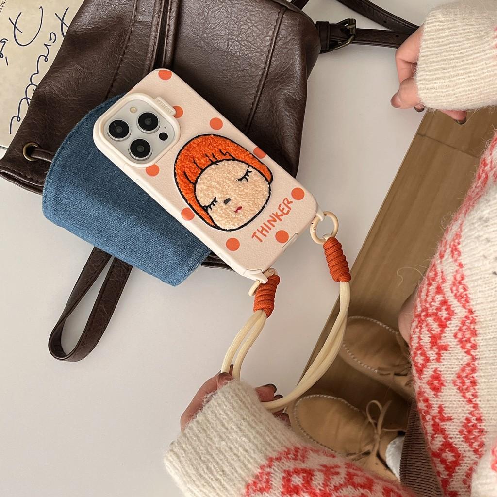 Embroidered Nara Mitsuhide Leather Wrist Strap Soft Shell Suitable for iPhone 17 Apple Mobile Phone Case 16 15 14 13 12 Pro Max