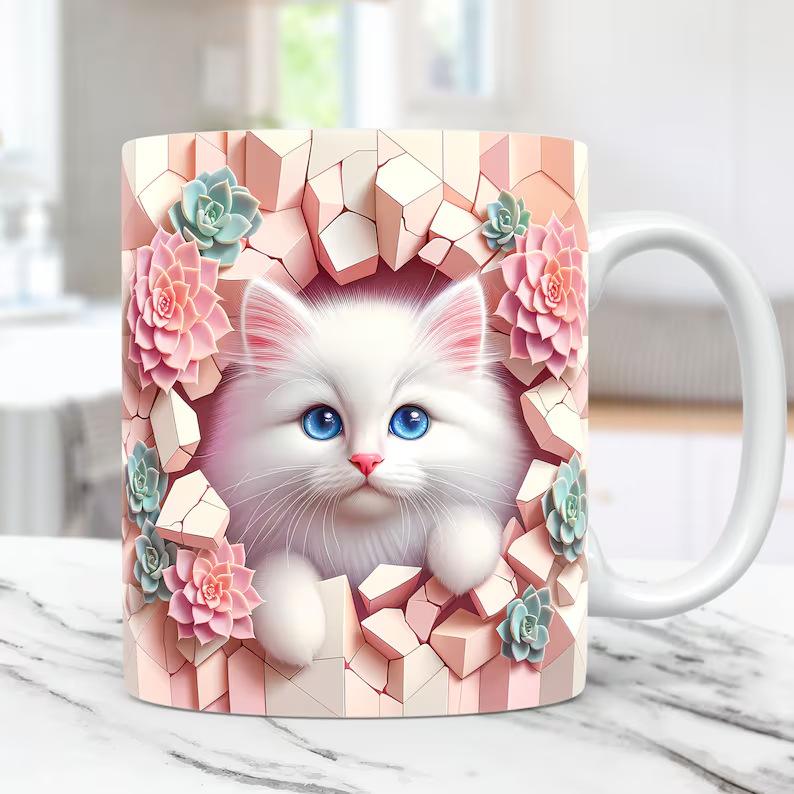 3D Kitten Cat Hole In Wall Ceramic Coffee Mug Tea Mug Gift Mug