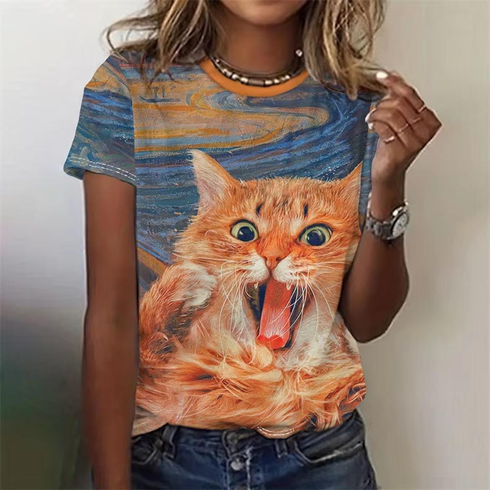 Koszulka z zabawnym kotem drukowana w 3D dla kobiet Urocze koszulki z wzorem zwierzęcia domowego Letnie codzienne koszulki z krótkim rękawem Oversize T-shirty z dekoltem O
