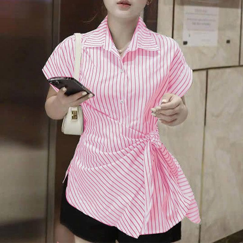 

ZANZEA Женская летняя блузка с отложным воротником и короткими рукавами в полоску 5XL розовый