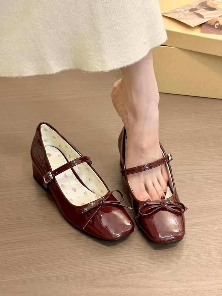 Gentle! Sweet Bow Word with Mary Jane Shoes Women's Spring Round Head Thick Heel Single Shoes