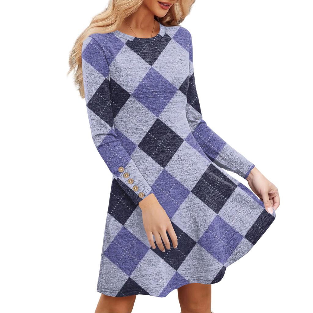 Damenmode Freizeitkleid mit Taschen, dekorativen Knöpfen, Rundhalsausschnitt und langen Ärmeln