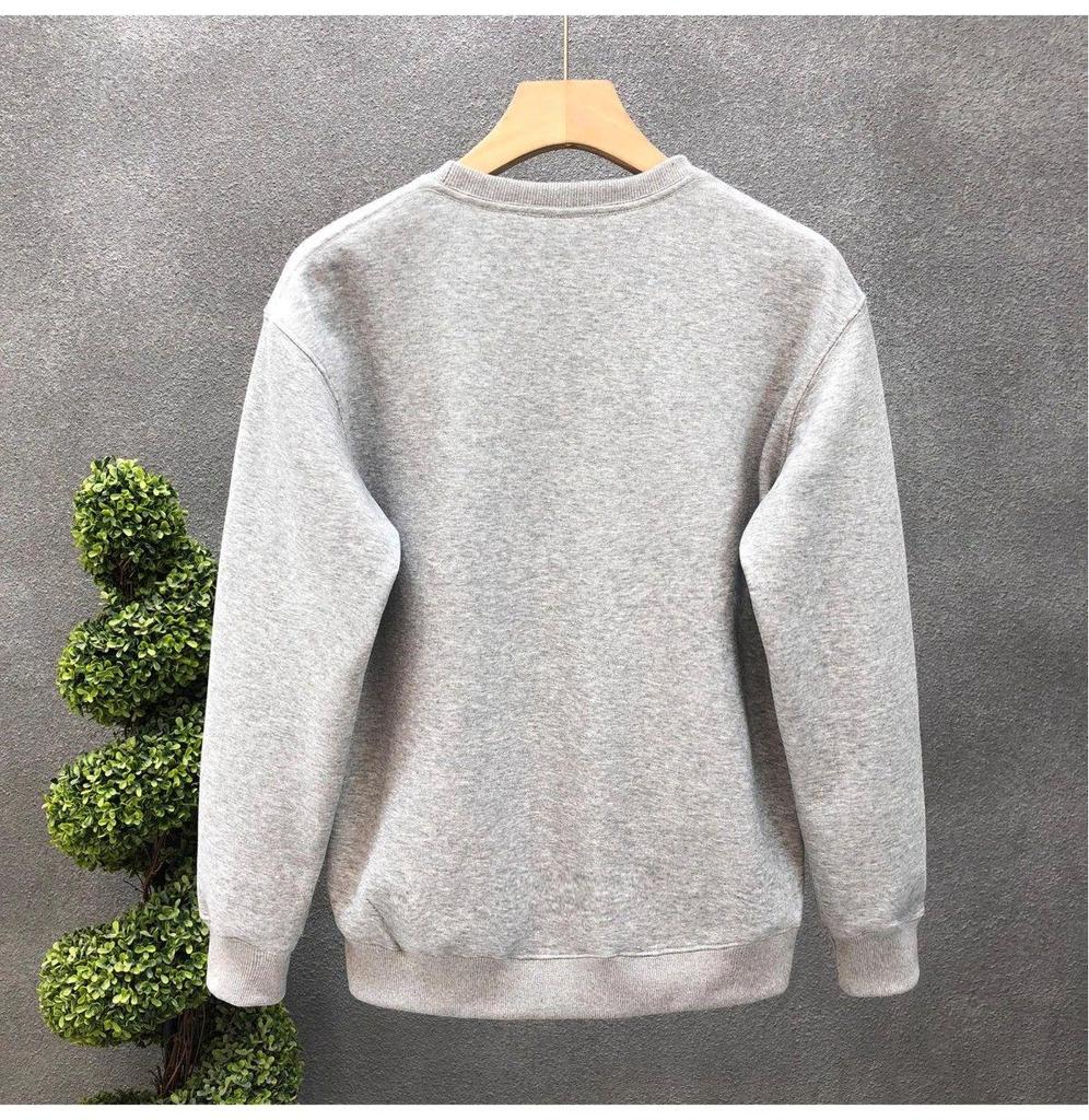 Men's Winter Fleece-Lined White Sweatshirt: Simple Solid Color, Round Neck, Long Sleeve, No Hood, Perfect for Spring and Autumn.