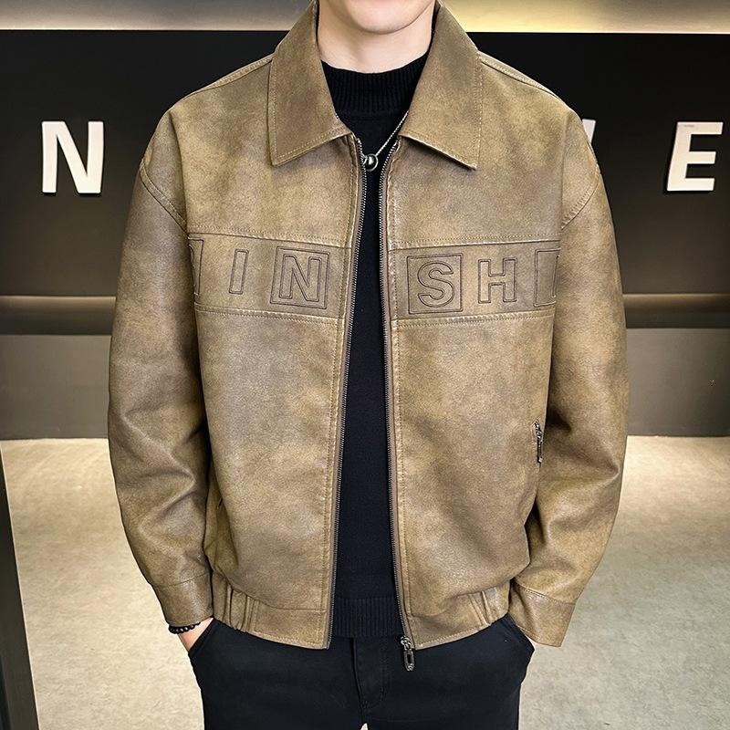 New simple men's leather jacket American retro pu tooling locomotive old money wind tough loose trendy leather jacket