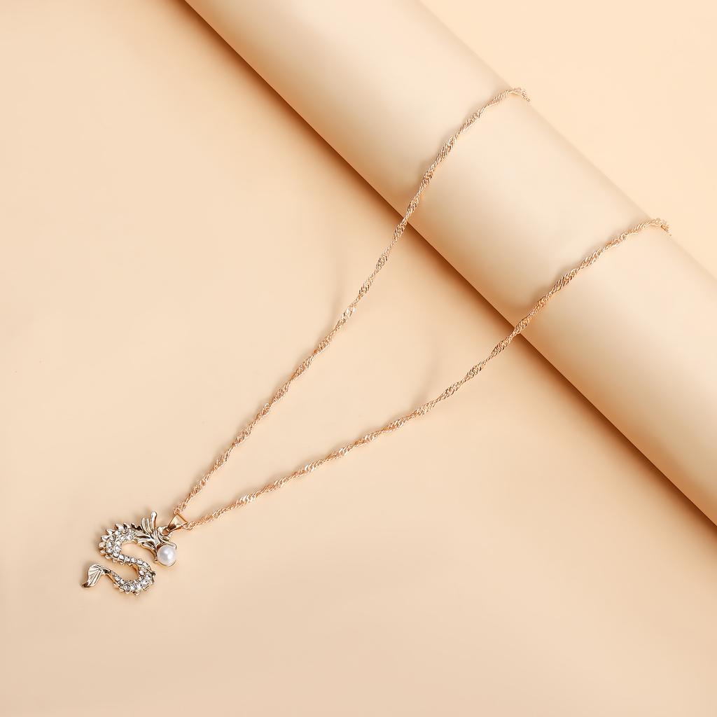 2024 Zodiac Dragon Birthday Year Domineering Dragon Micro Diamond Pendant Necklace Fashion Imitation Pearl Premium Sense Necklace