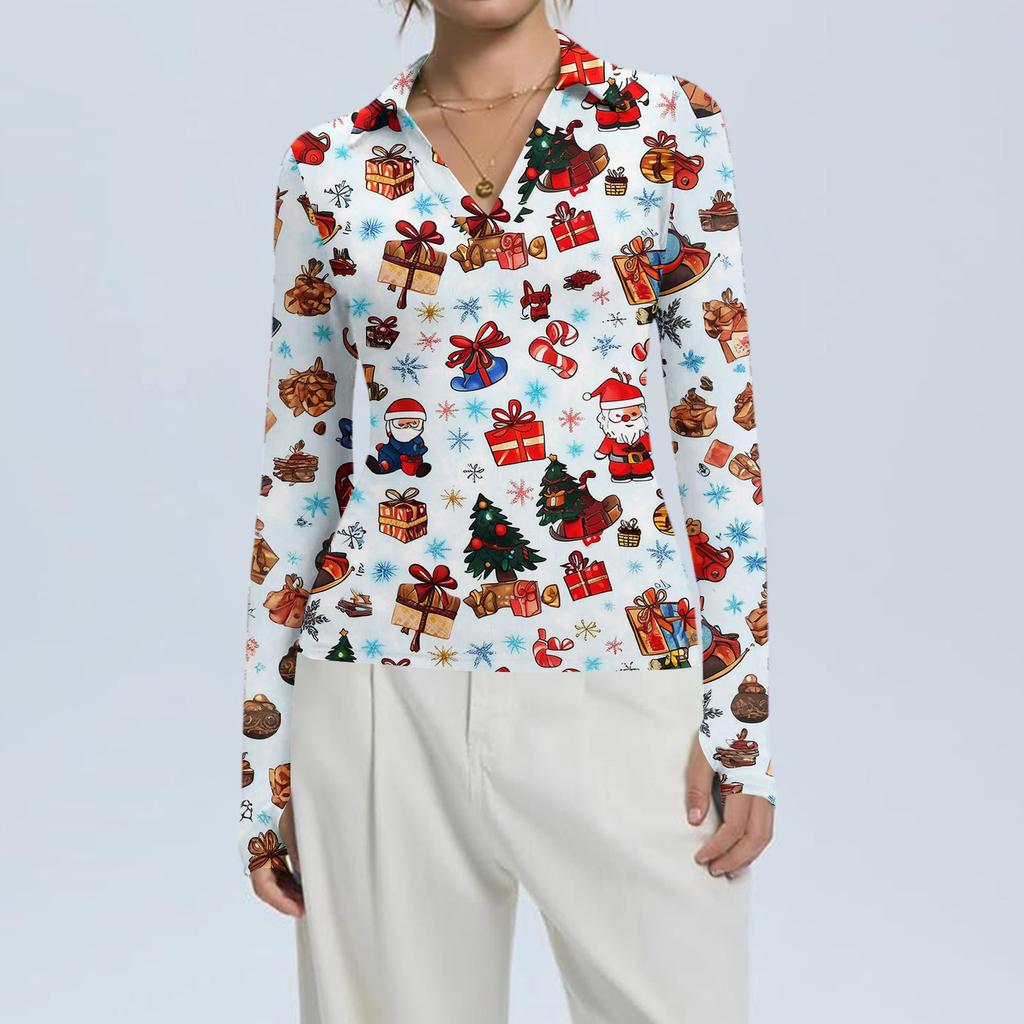 Damenmode Lässig Weihnachts-Print V-Ausschnitt Langarm Knopfleiste Oberteil