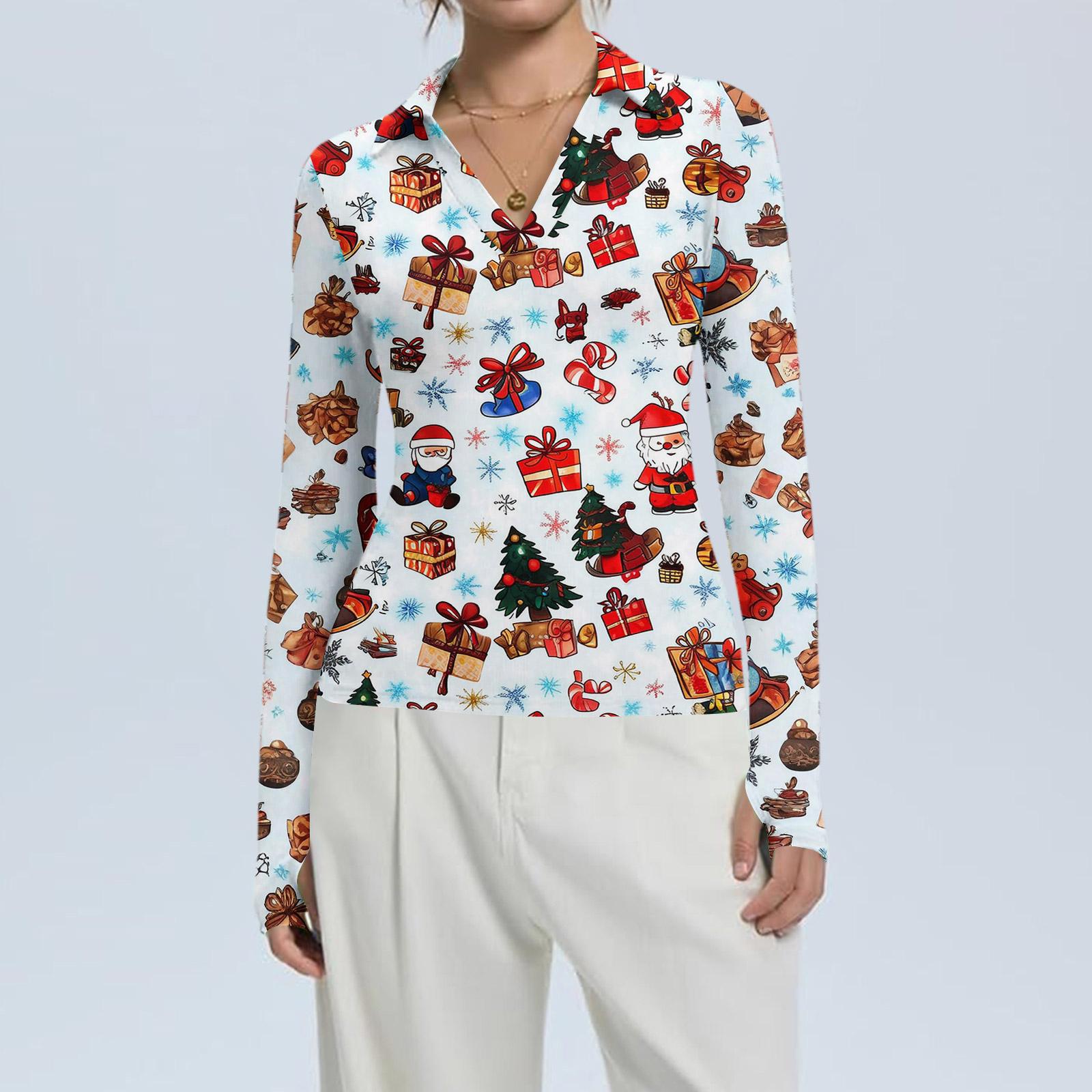 

Women s Fashion Casual Christmas Print V-Neck Long Sleeve Button-Down Top XL