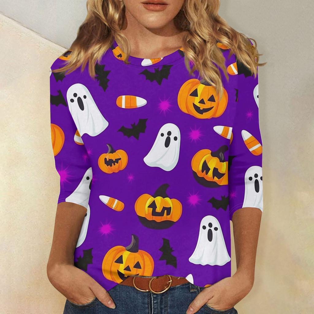 Women's Fashion Casual Three-quarter Sleeve Halloween Printed Round Neck Top