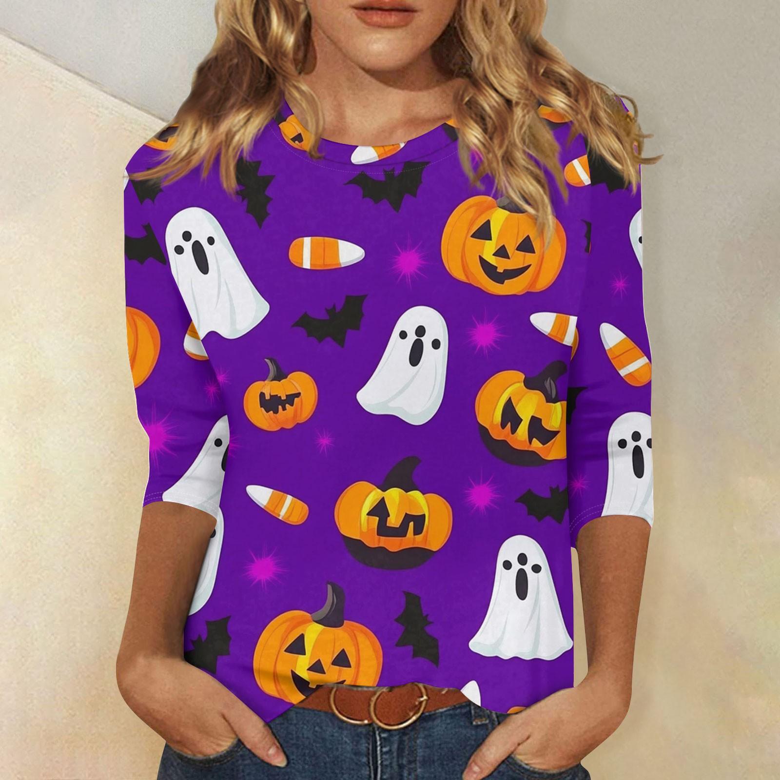 

Women s Fashion Casual Three-quarter Sleeve Halloween Printed Round Neck Top XL фіолетовий