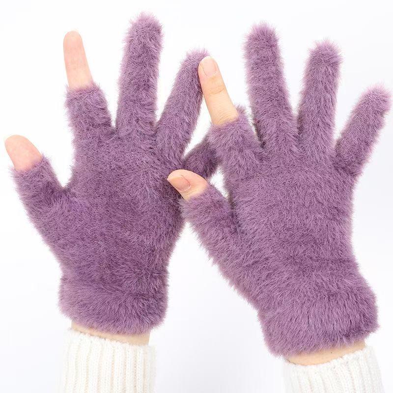 Half-Finger Faux Mink Women's Gloves: Autumn/Winter Student Writing & Cycling. Solid Color, Fingerless, Warm Commuting Gloves.