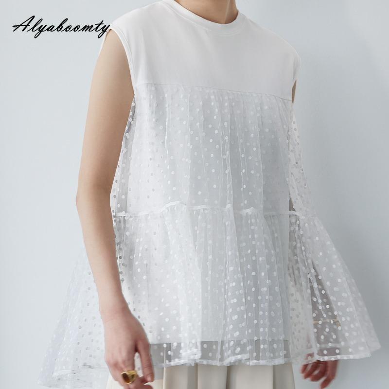 

Корейская мода лето женская без рукавов базовый топ короткий O-образный вырез белая черная горошек сетчатая лоскутная футболка элегантная женская шикарная футболка One Size белый